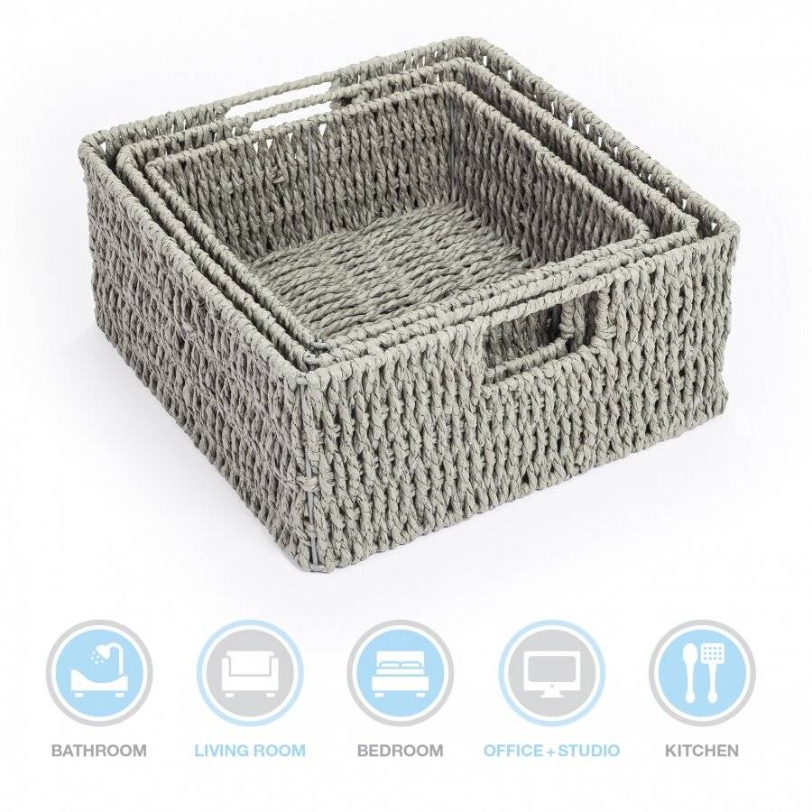 Woodluv Multipurpose 3 x Paper Rope Storage Hamper Baskets, Grey