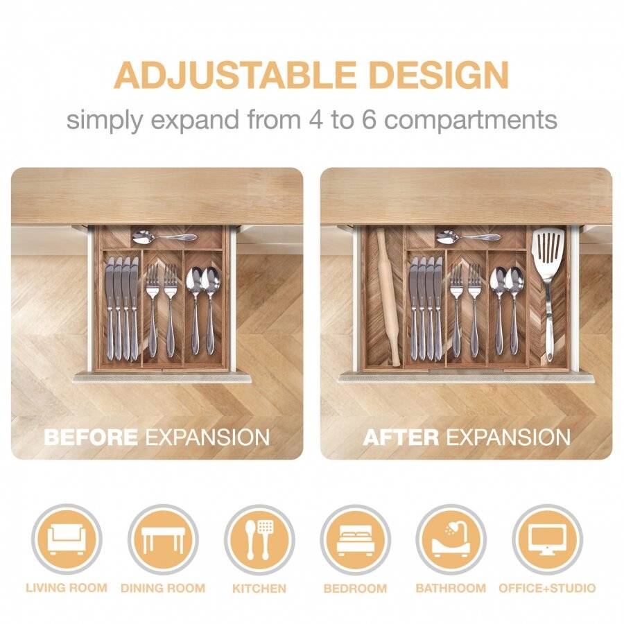 Woodluv Natural Acacia Wood Expandable Cutlery Organiser Tray