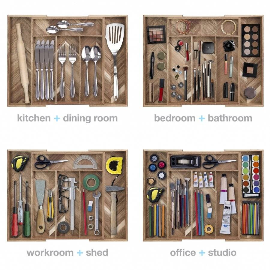 Woodluv Natural Acacia Wood Expandable Cutlery Organiser Tray