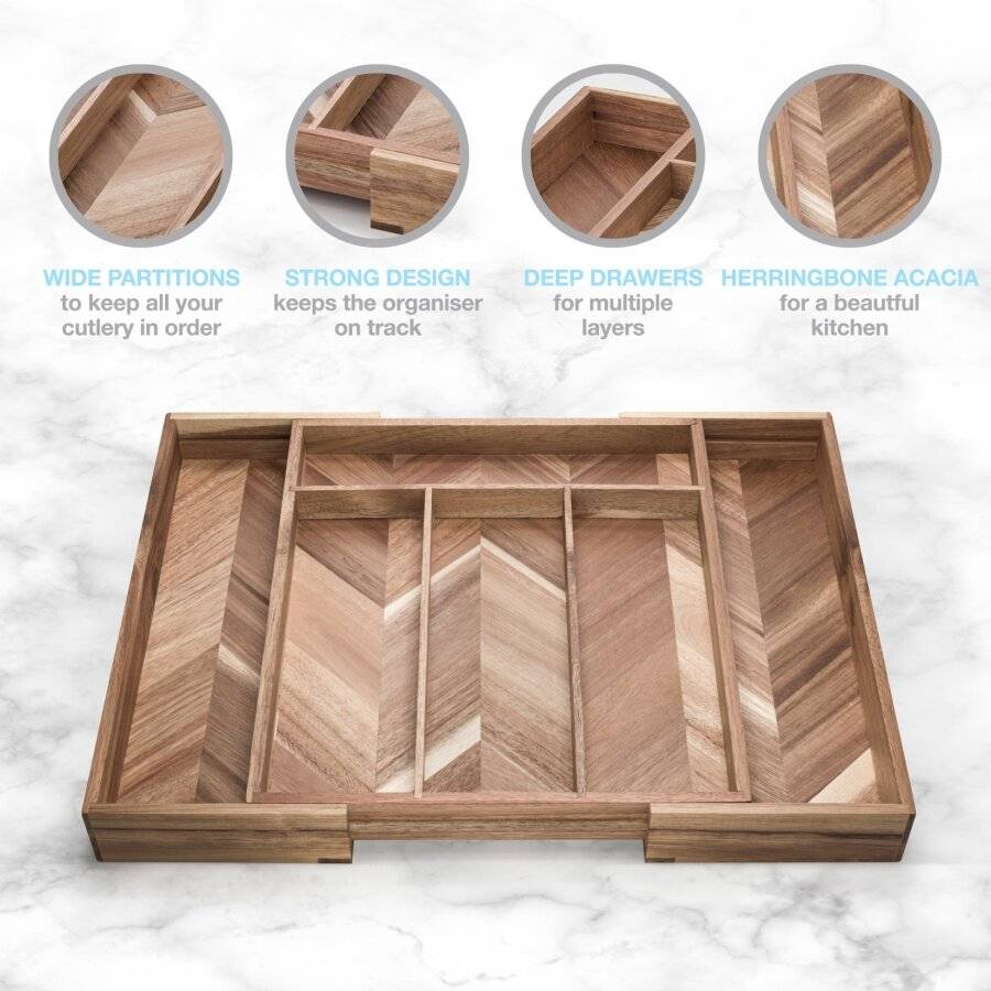 Woodluv Natural Acacia Wood Expandable Cutlery Organiser Tray