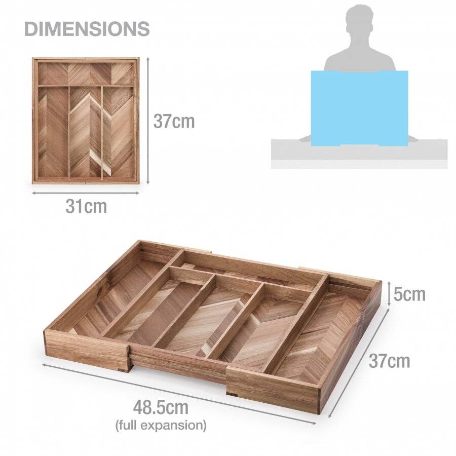 Woodluv Natural Acacia Wood Expandable Cutlery Organiser Tray