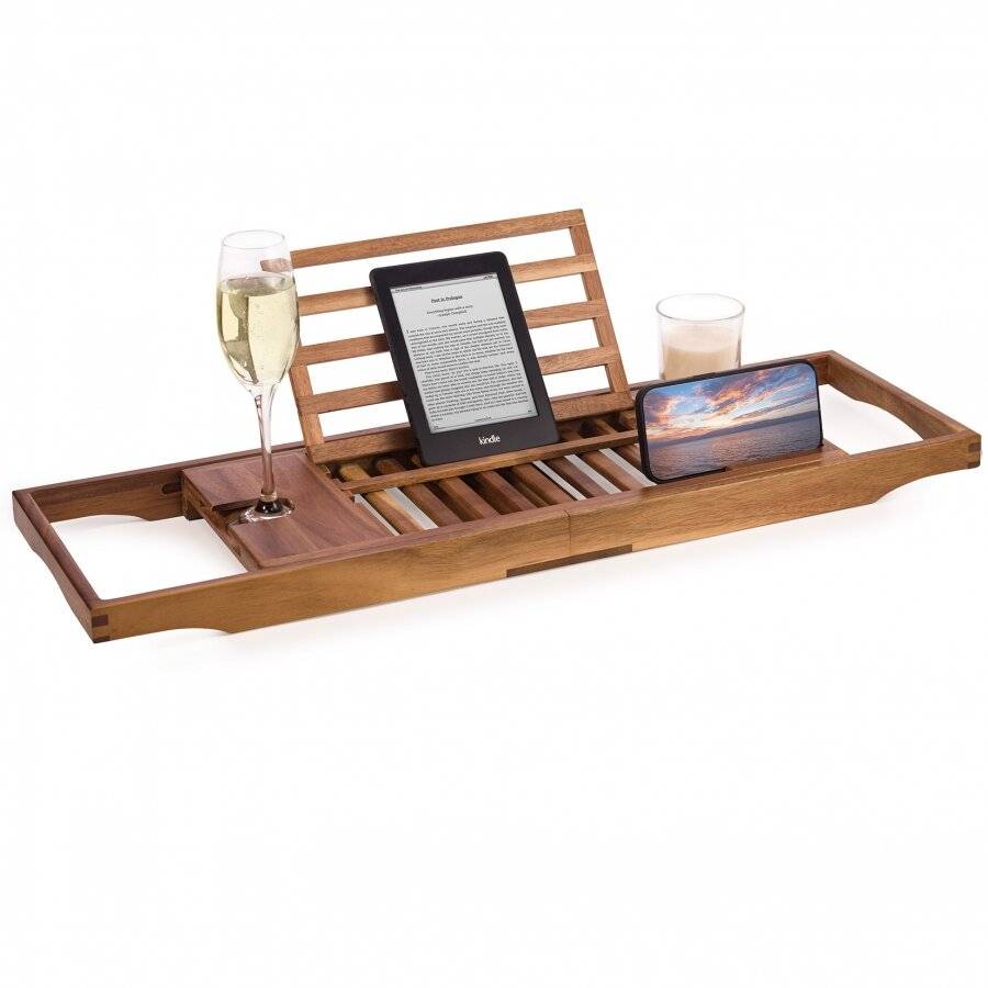 Woodluv Natural Acacia Wood Luxury Bath Tray, Extendable Bath Caddy