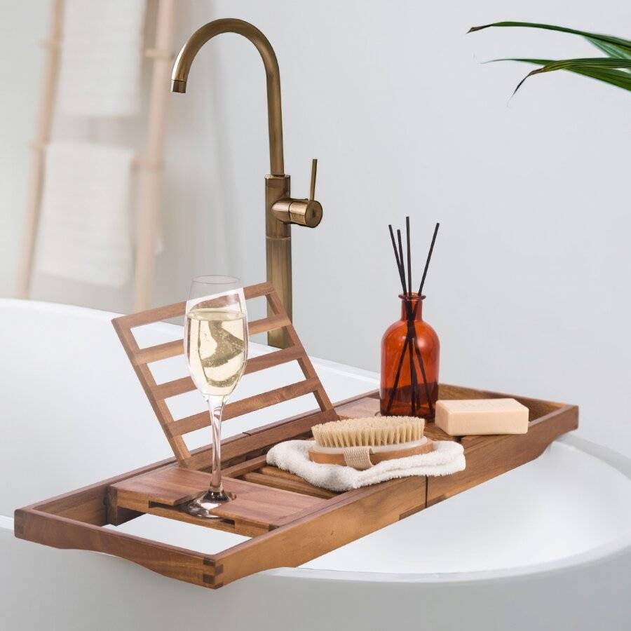 Woodluv Natural Acacia Wood Luxury Bath Tray, Extendable Bath Caddy