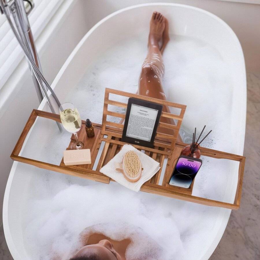 Woodluv Natural Acacia Wood Luxury Bath Tray, Extendable Bath Caddy