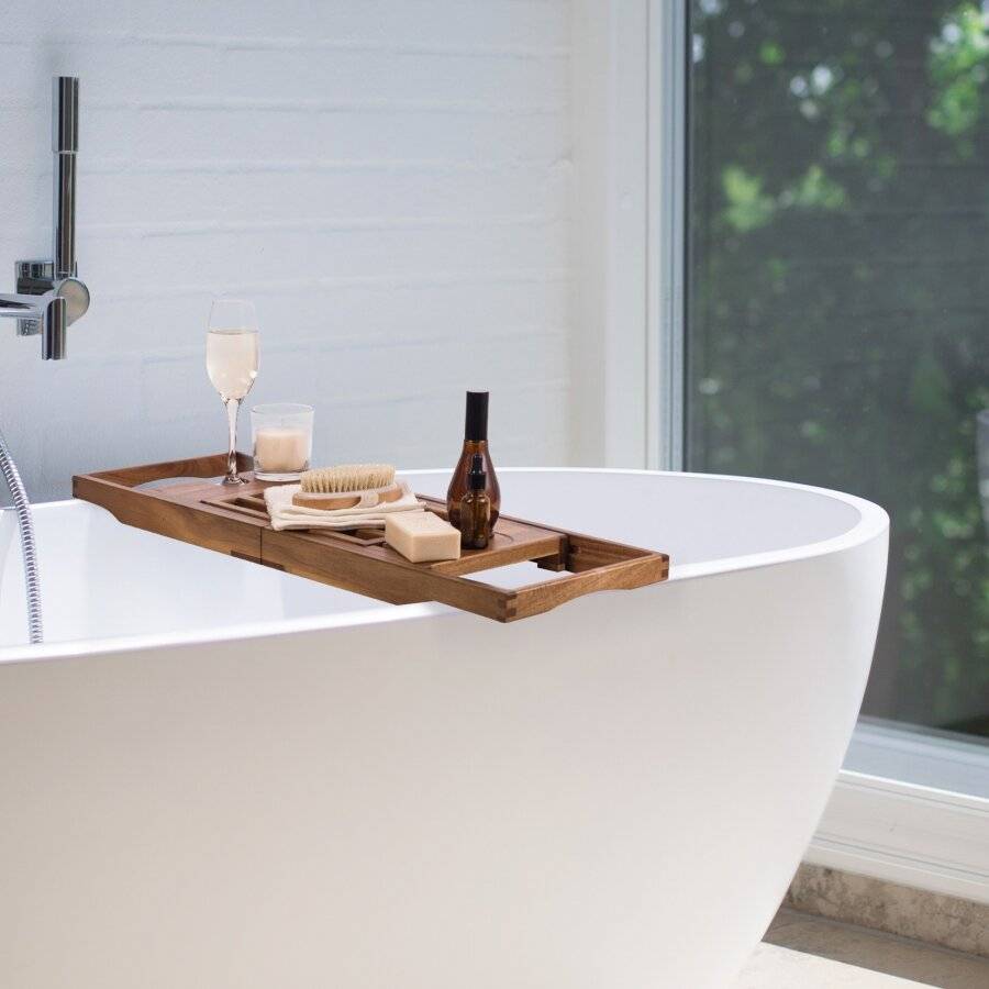 Woodluv Natural Acacia Wood Luxury Bath Tray, Extendable Bath Caddy