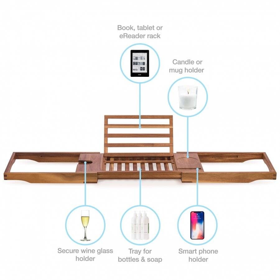 Woodluv Natural Acacia Wood Luxury Bath Tray, Extendable Bath Caddy