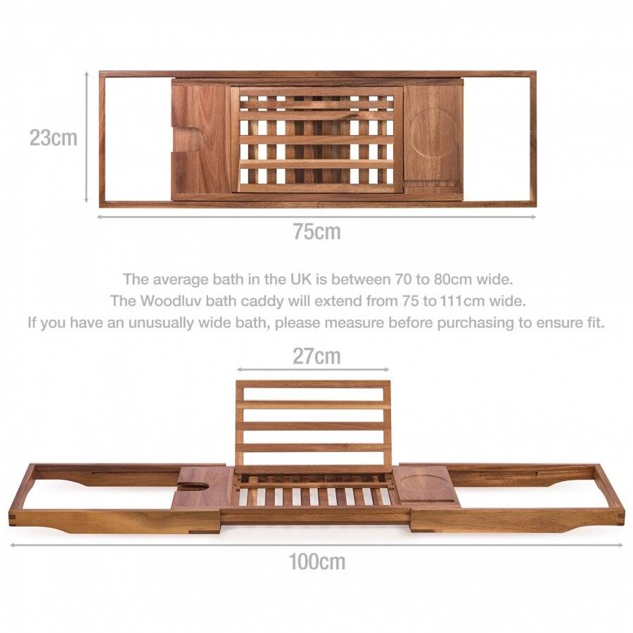 Woodluv Natural Acacia Wood Luxury Bath Tray, Extendable Bath Caddy