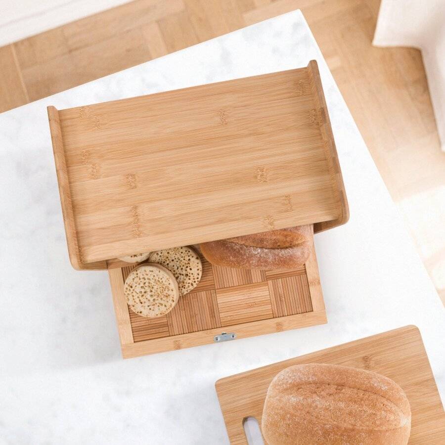 Elegant Front Drop Down Lid Natural Bamboo Bread Storage Bin