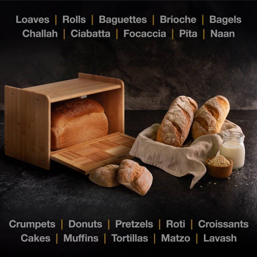 Elegant Front Drop Down Lid Natural Bamboo Bread Storage Bin