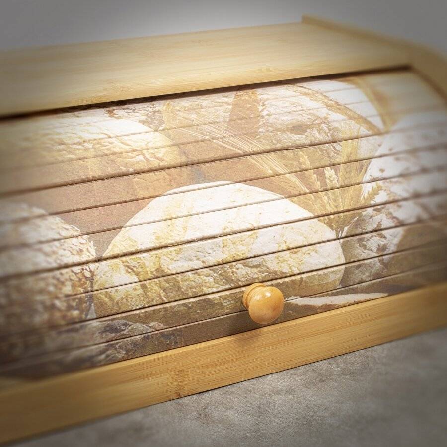 Natural Bamboo Kitchen Bread Bin With Printed Roll Top