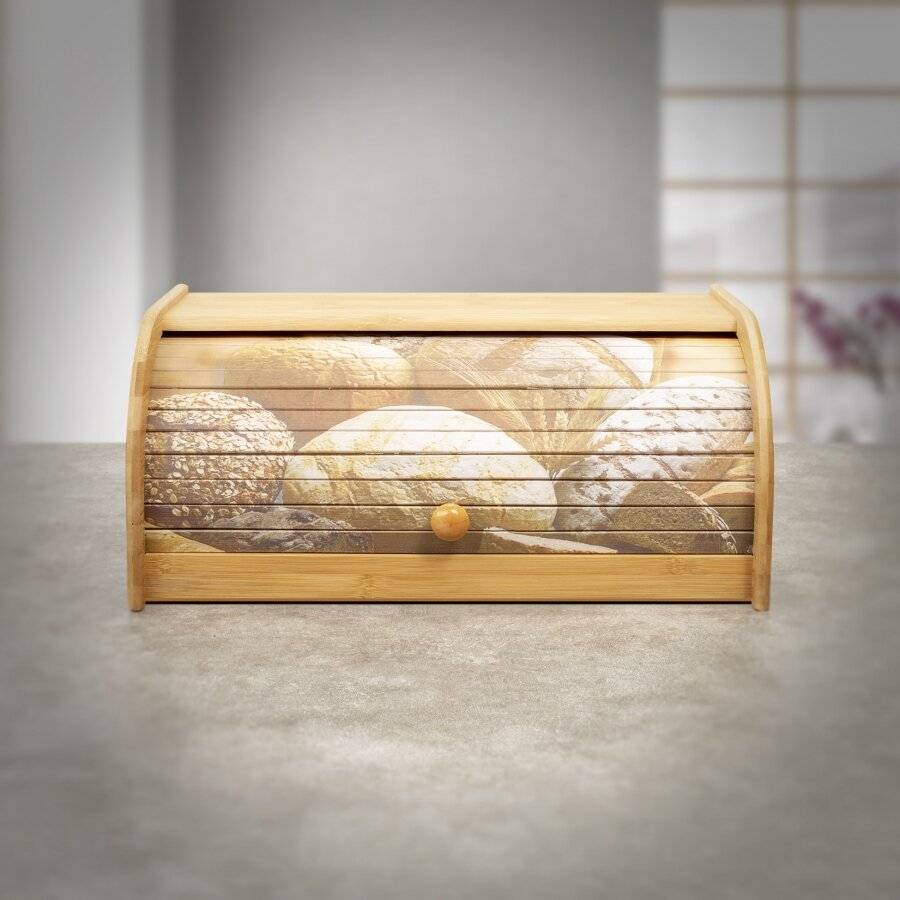 Natural Bamboo Kitchen Bread Bin With Printed Roll Top