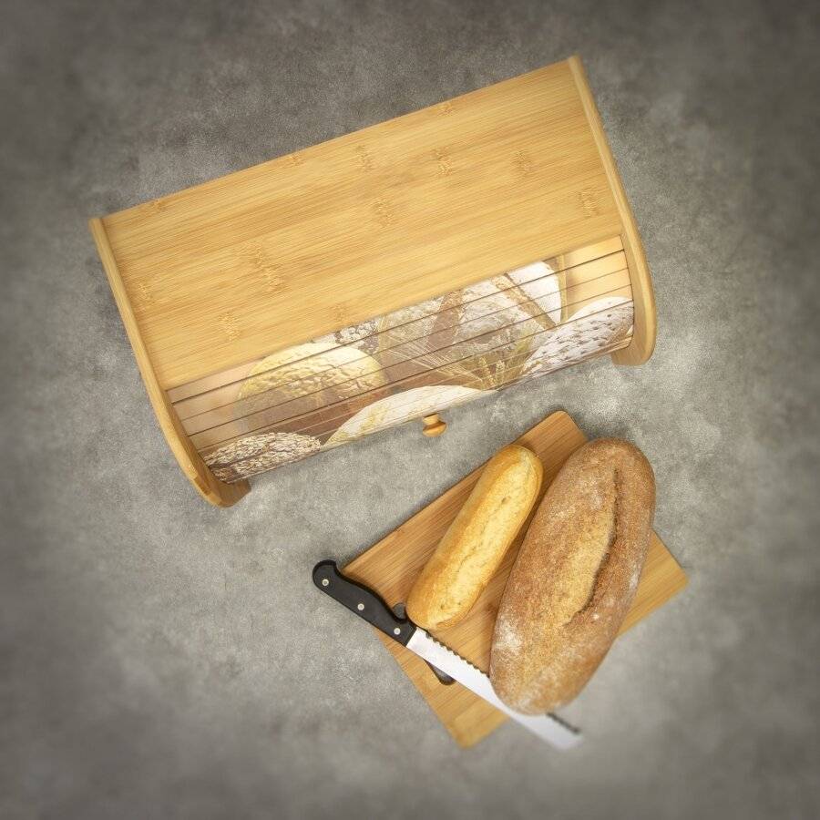 Natural Bamboo Kitchen Bread Bin With Printed Roll Top