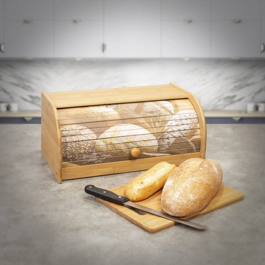 Natural Bamboo Kitchen Bread Bin With Printed Roll Top