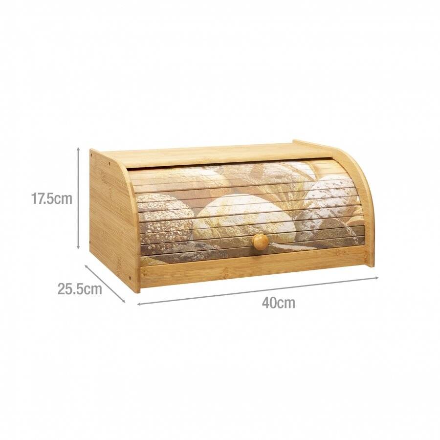Natural Bamboo Kitchen Bread Bin With Printed Roll Top