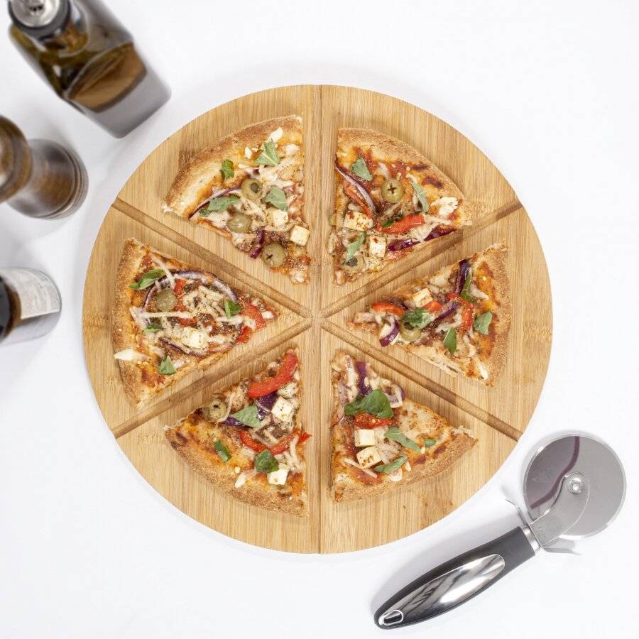 Woodluv Natural Bamboo Pizza Cutting Board With 6 Grooves