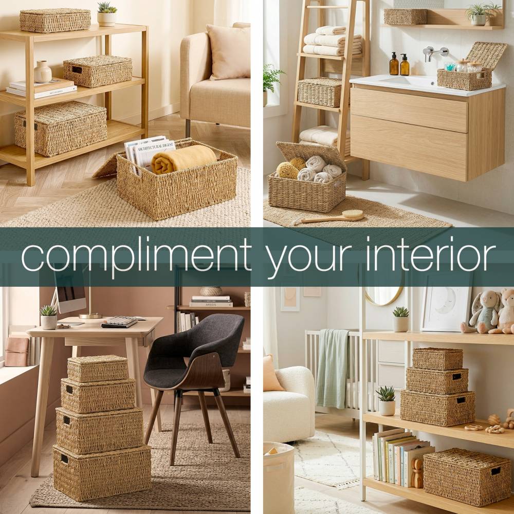 Woodluv Natural Seagrass Storage Basket With Lid, Extra Large