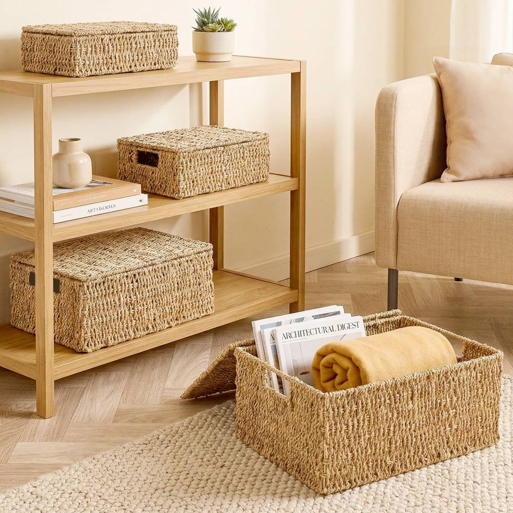 Woodluv Natural Seagrass Storage Basket With Lid, Extra Large