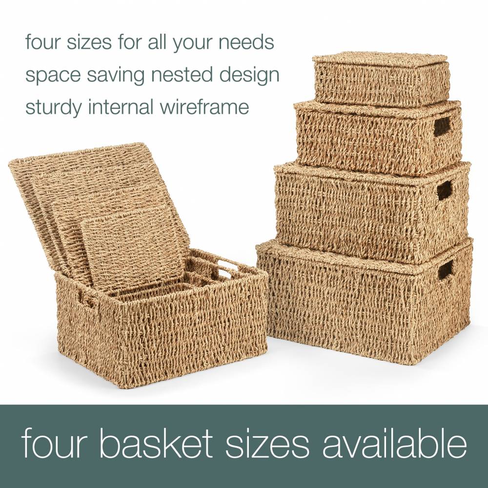 Woodluv Natural Seagrass Storage Basket With Lid, Extra Large