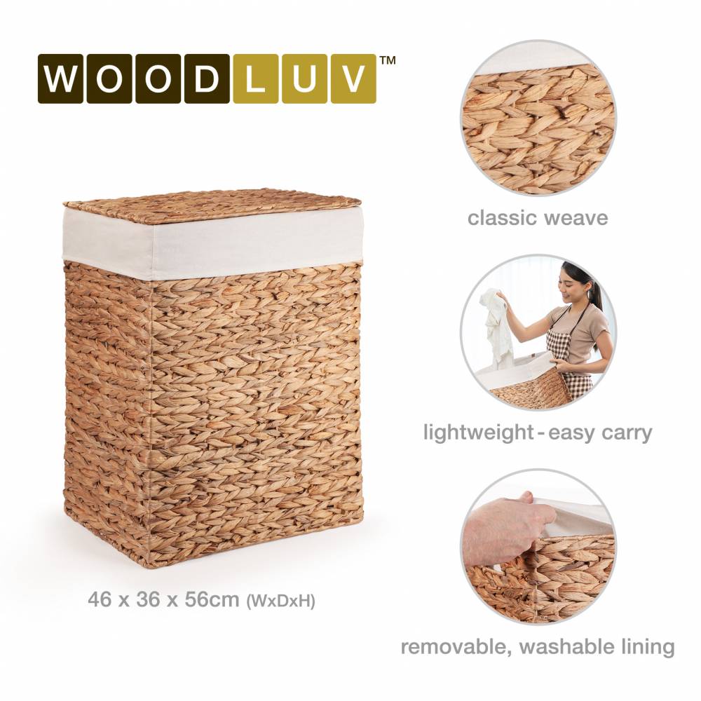 Woodluv Water Hyacinth Laundry Storage Basket With Lining - Large