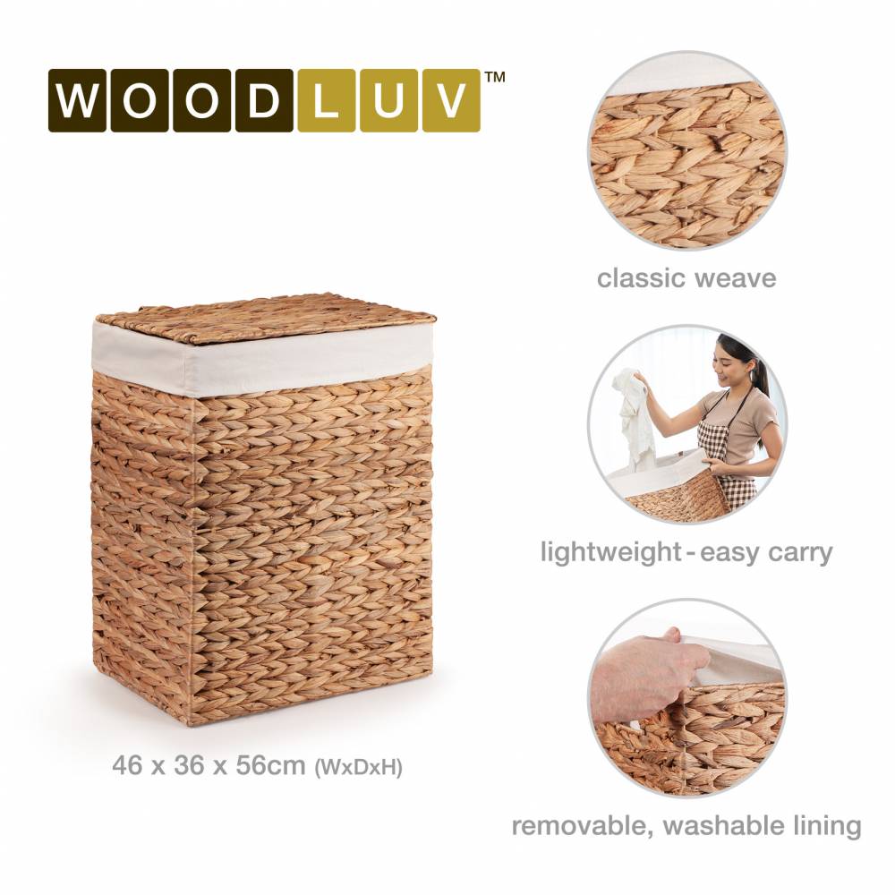 Woodluv Water Hyacinth Laundry Storage Basket With Lining - Medium