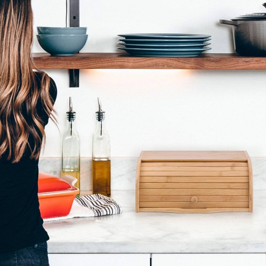 Woodluv Natural Wooden Bamboo Countertop Roll-Top Bread Bin