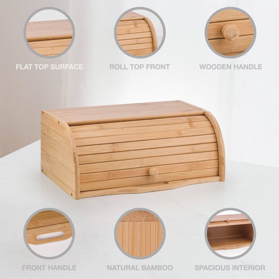 Woodluv Natural Wooden Bamboo Countertop Roll-Top Bread Bin