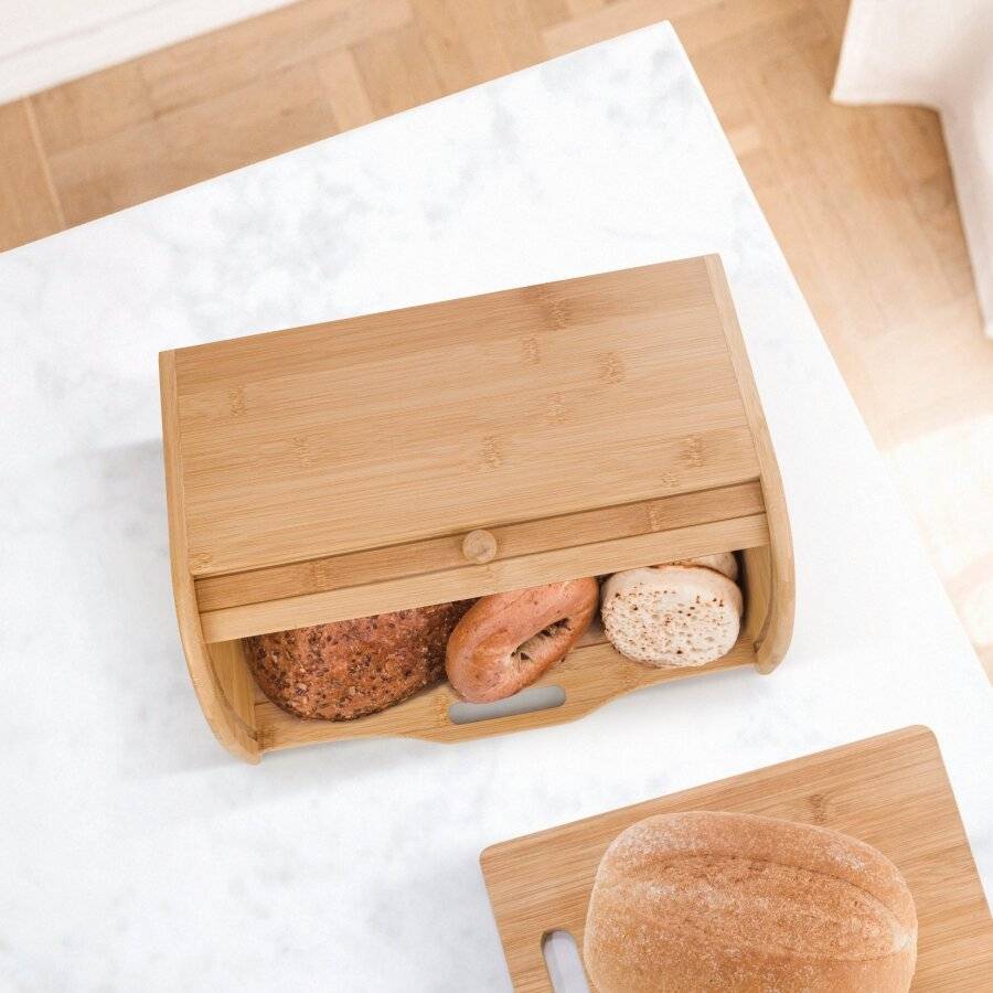 Woodluv Natural Wooden Bamboo Countertop Roll-Top Bread Bin