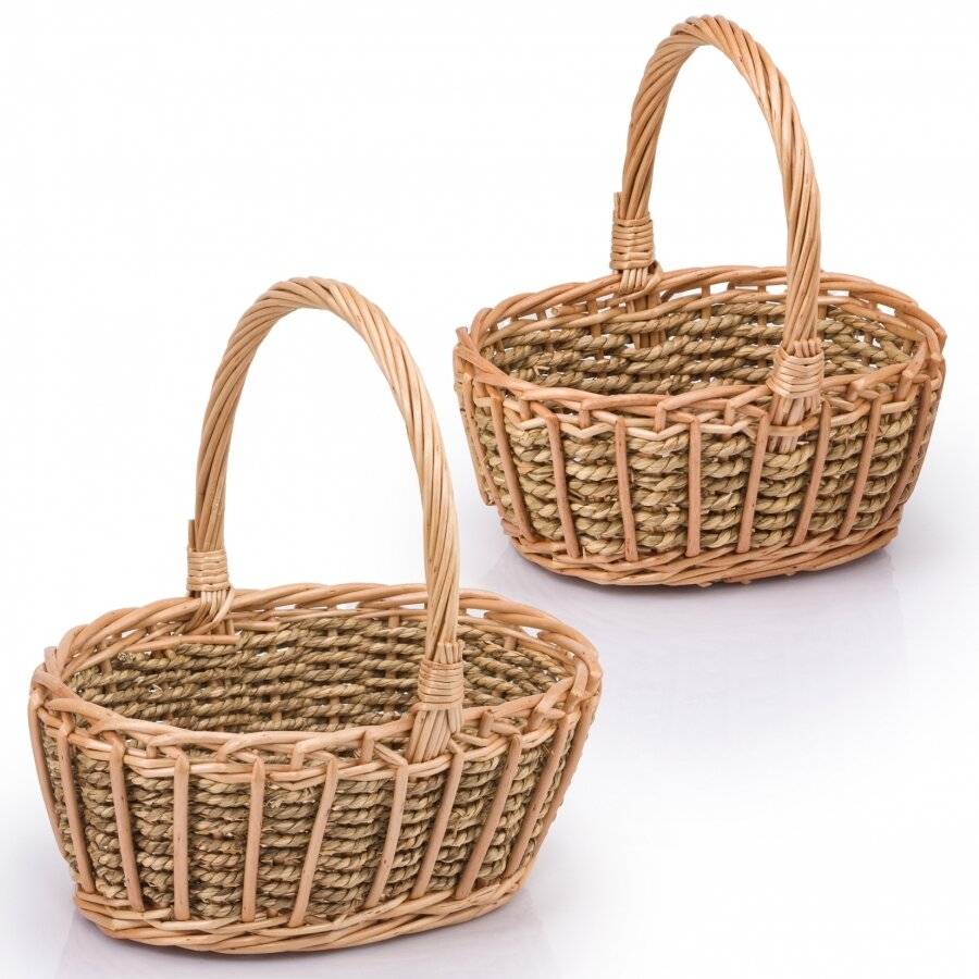 Woodluv Set of 2 Oval Shape Storage Baskets With Wooden Handle