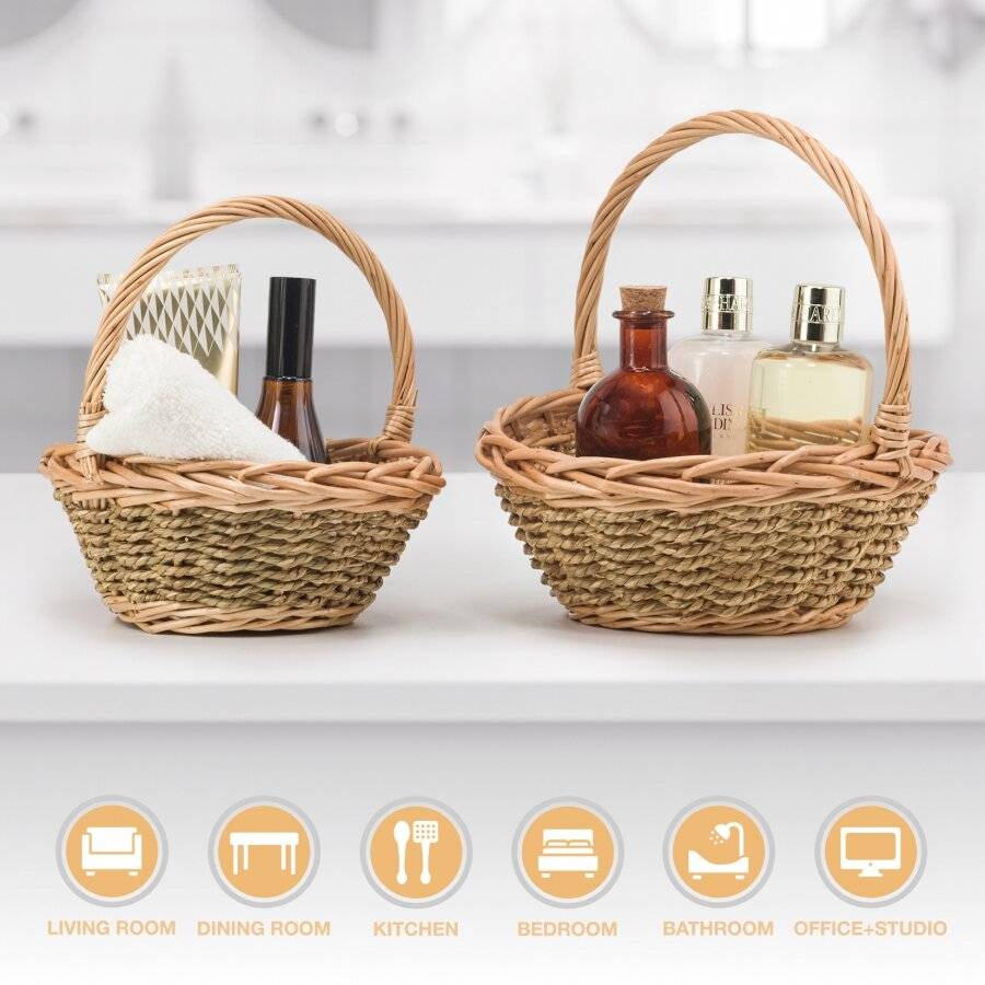 Woodluv Natural Woven Set of 2 Wicker & Seagrass Storage Baskets