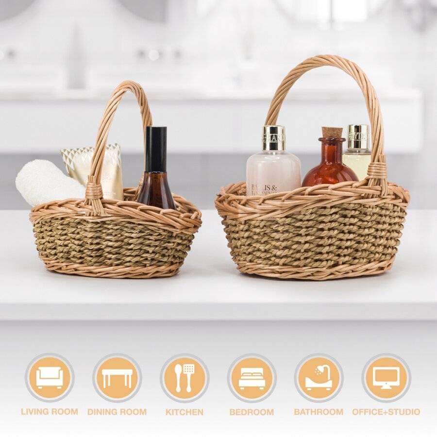 Woodluv Natural Woven Set of 2 Wicker & Seagrass Storage Baskets