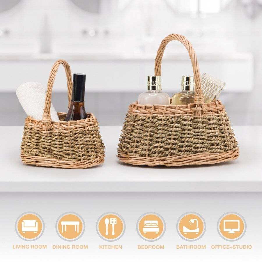 Woodluv Natural Woven Set of 2 Wicker & Seagrass Storage Baskets