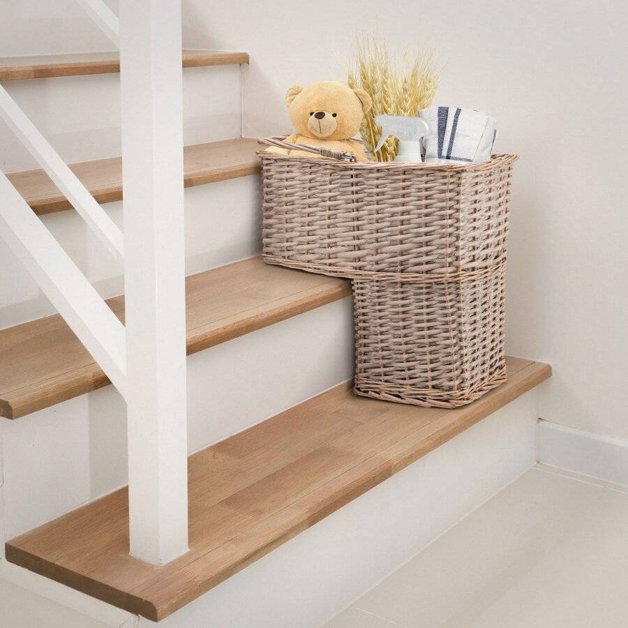 Woodluv Large Woven Stair Basket Organiser With Inset Handle, Grey