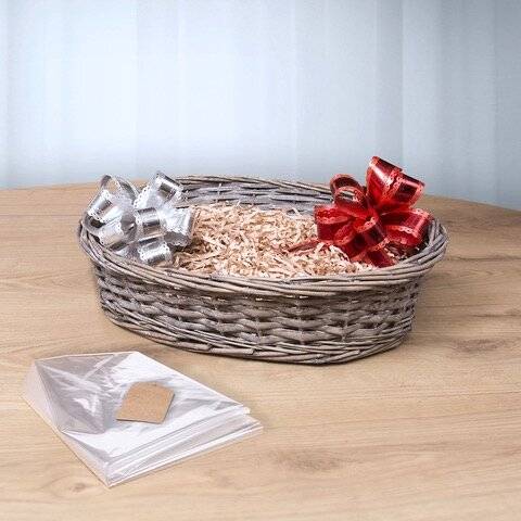 Woodluv Wicker Basket with Create Your Own Gift Hamper Kit, Oval, Grey