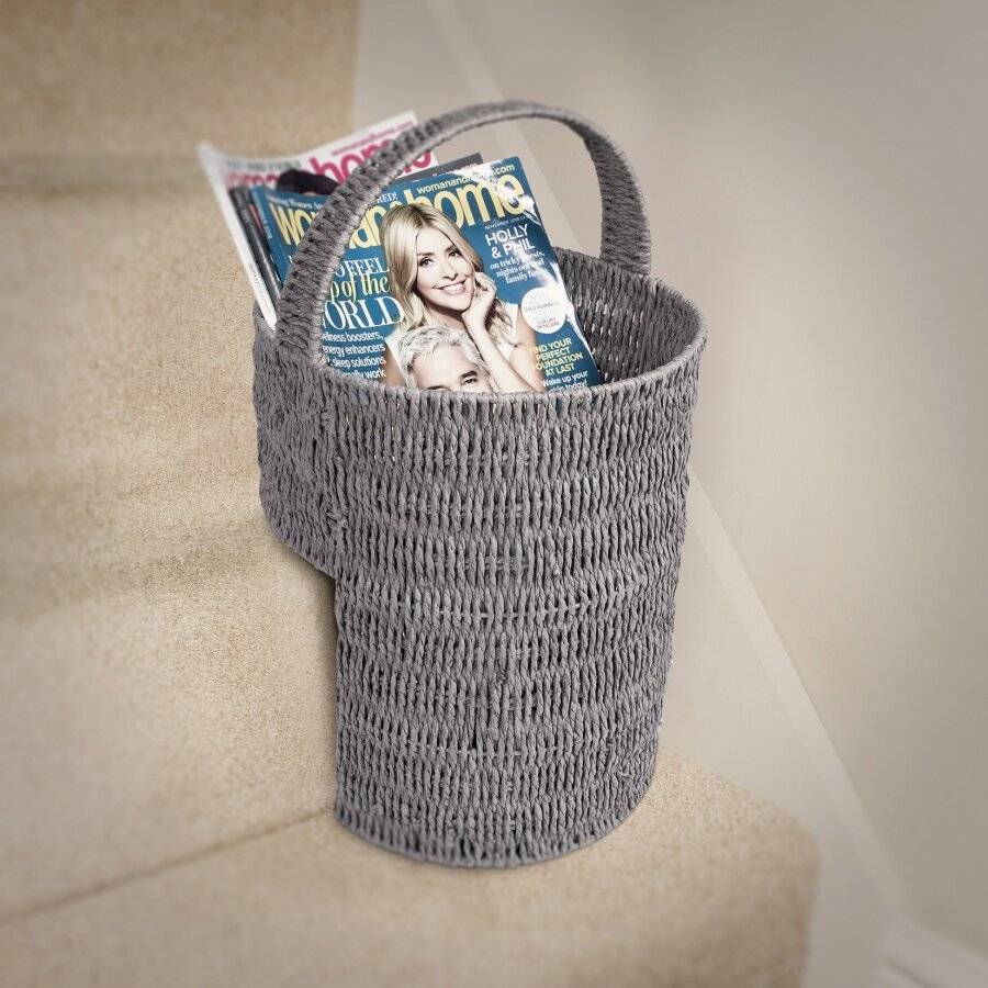 Woodluv Paper rope Stair Basket/Step Storage Basket with Handle, Grey