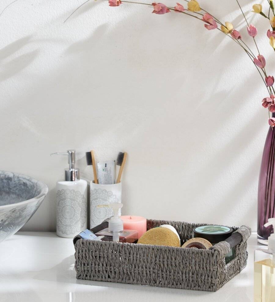 Woodluv Paper Rope Storage Hamper Basket With Handle, Grey, Small