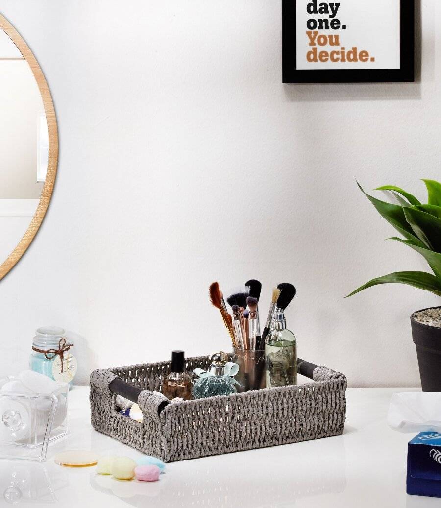 Woodluv Paper Rope Storage Hamper Basket With Handle, Grey, Small