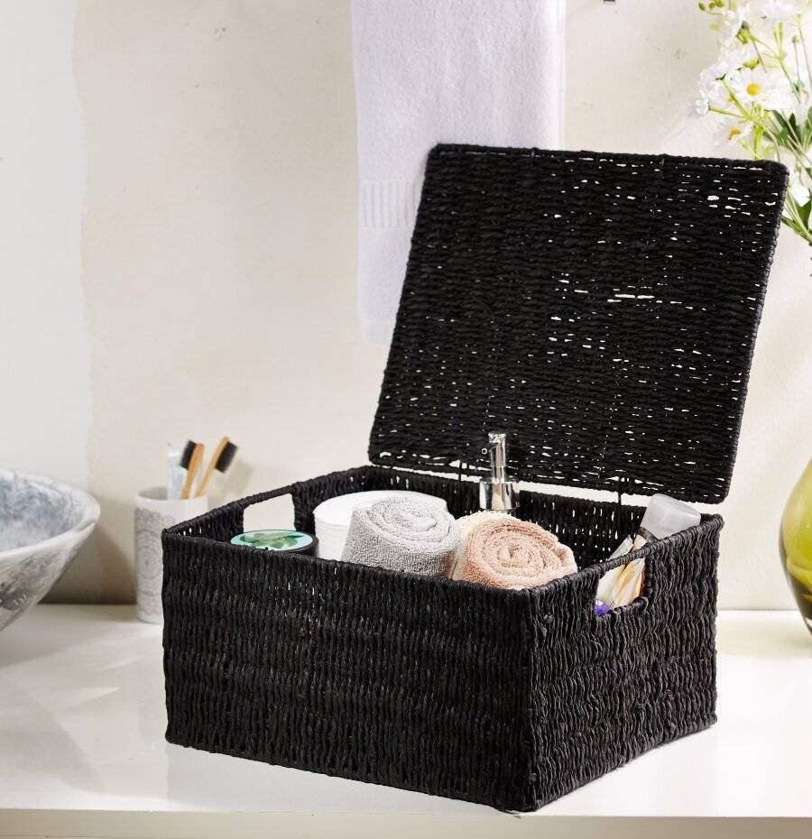 Woodluv Paper Rope Storage Hamper Basket With Lid, Black, Extra Large