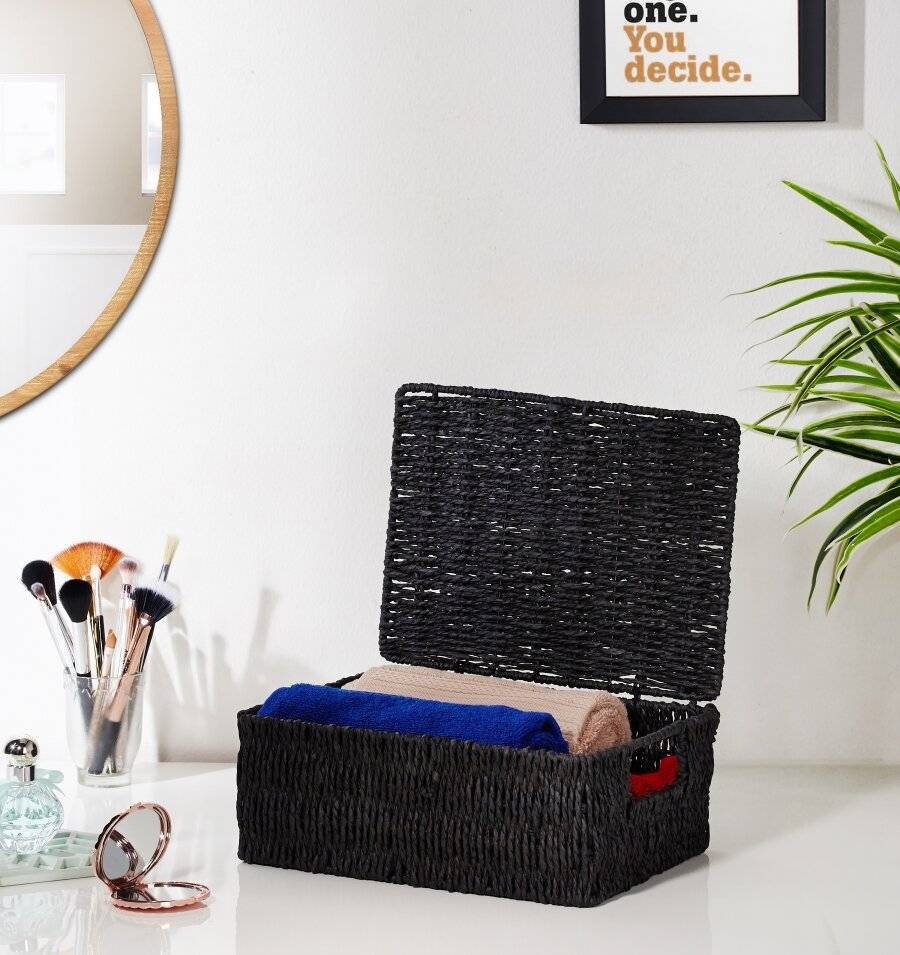 Woodluv Paper Rope Storage Hamper Basket With Lid, Black, Medium