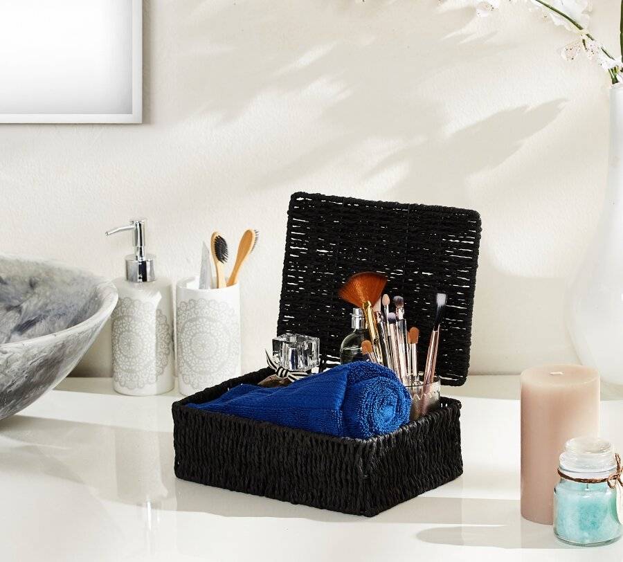 Woodluv Paper Rope Storage Hamper Basket With Lid, Black, Small