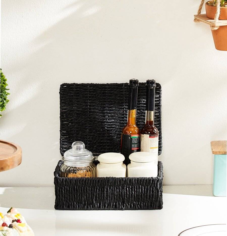 Woodluv Paper Rope Storage Hamper Basket With Lid, Black, Small