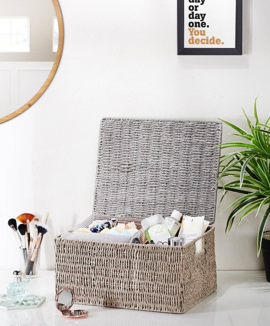 Woodluv Paper Rope Storage Hamper Basket With Lid, Grey, Extra Large