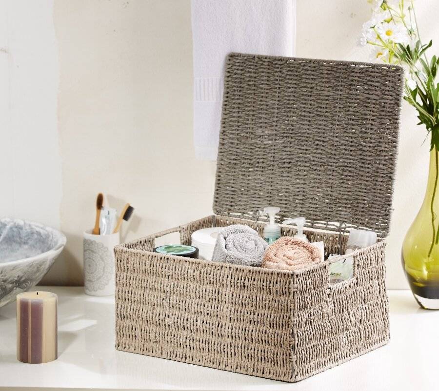 Woodluv Paper Rope Storage Hamper Basket With Lid, Grey, Extra Large