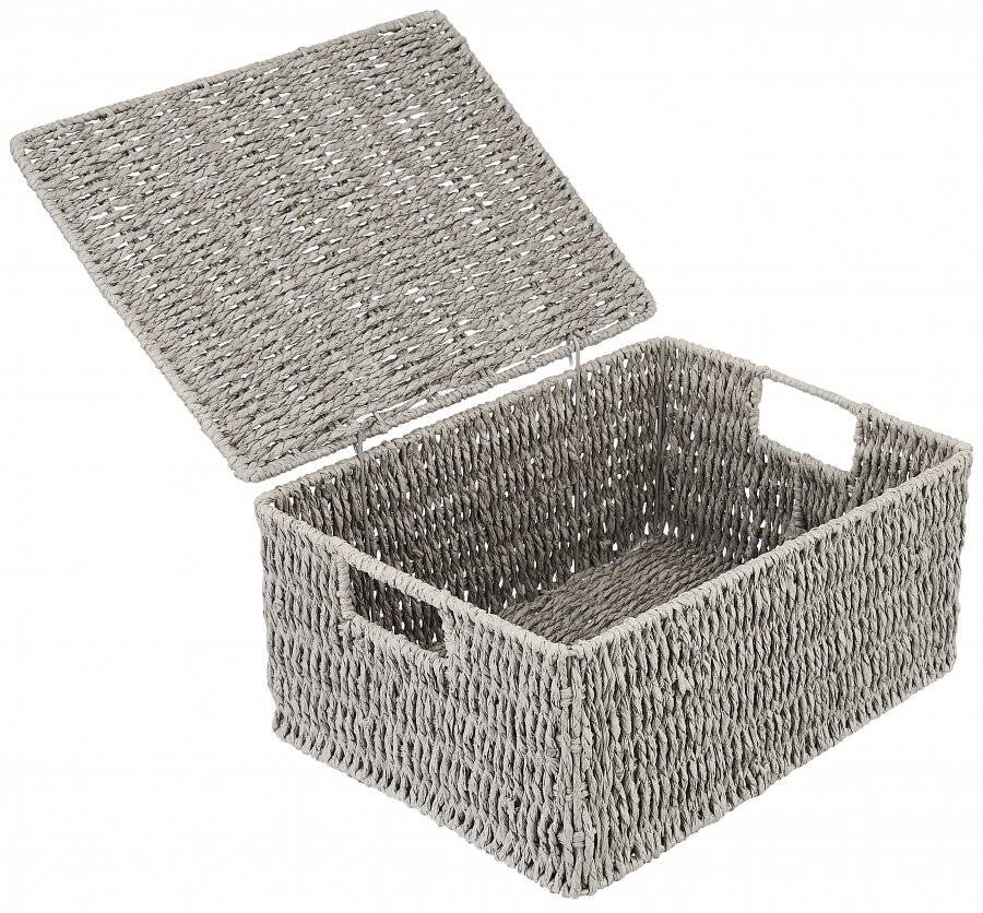 Woodluv Paper Rope Storage Hamper Basket With Lid, Grey, Large