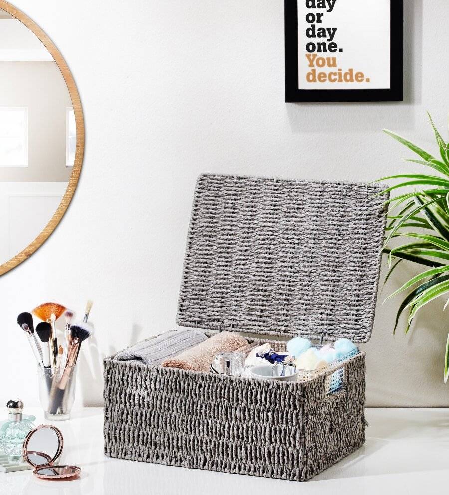 Woodluv Paper Rope Storage Hamper Basket With Lid, Grey, Large