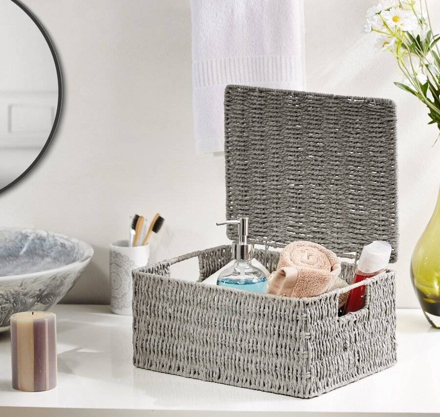 Woodluv Paper Rope Storage Hamper Basket With Lid, Grey, Large