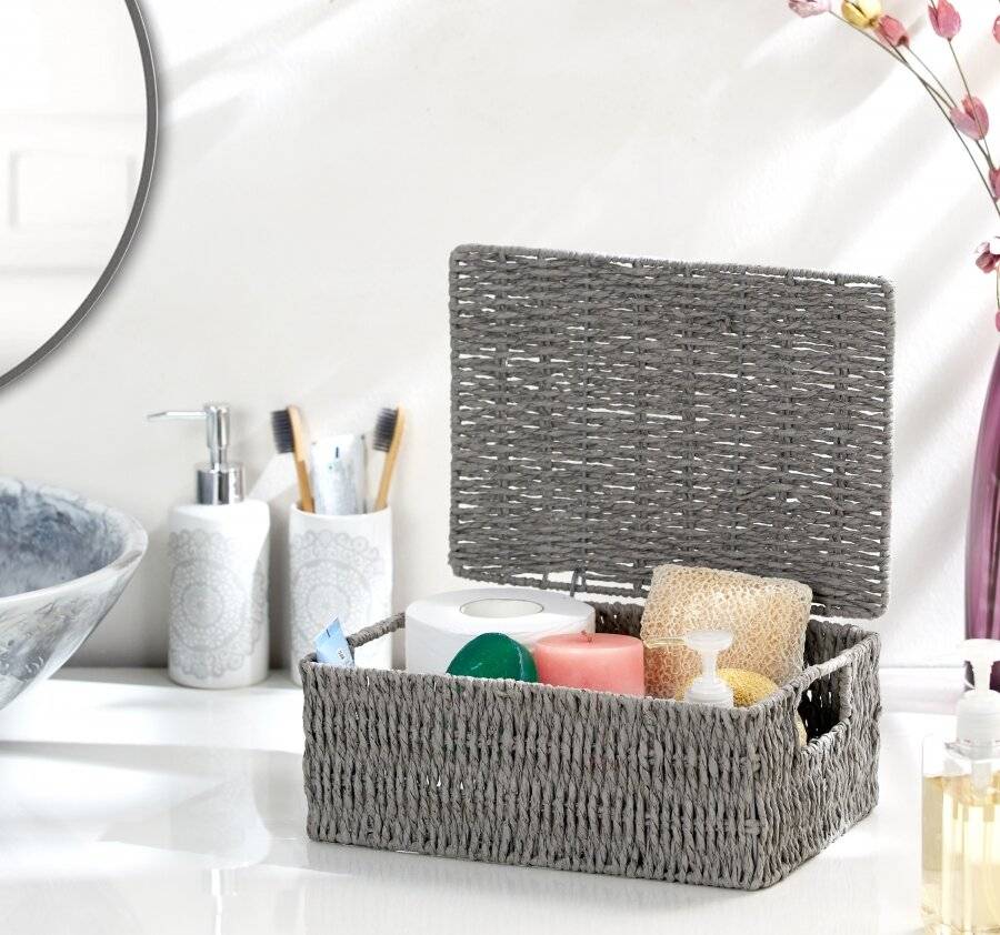 Woodluv Paper Rope Storage Hamper Basket With Lid, Grey, Medium