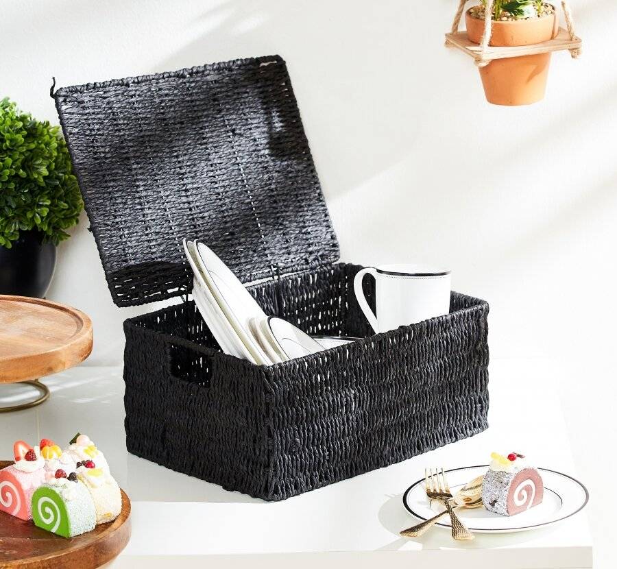 Woodluv Paper Rope Storage Hamper Basket With Lid, Large, Black
