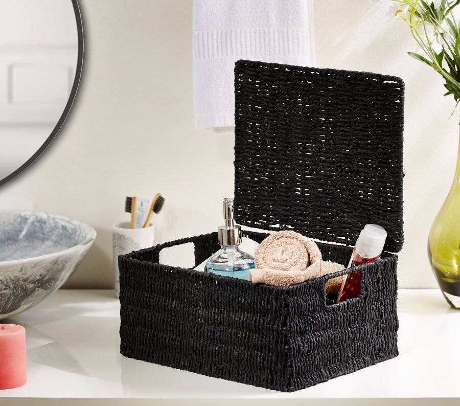 Woodluv Paper Rope Storage Hamper Basket With Lid, Large, Black