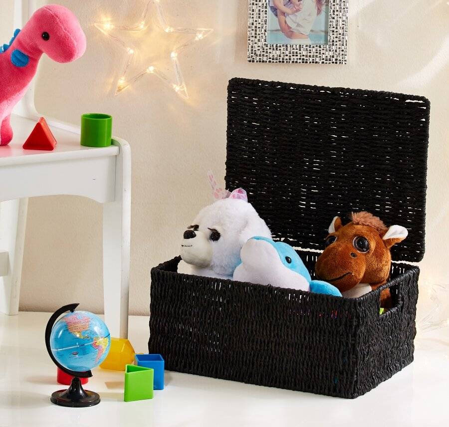 Woodluv Paper Rope Storage Hamper Basket With Lid, Large, Black