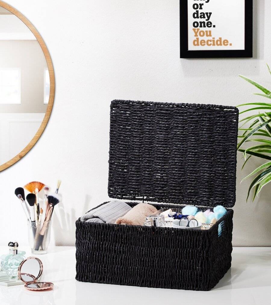 Woodluv Paper Rope Storage Hamper Basket With Lid, Large, Black